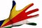 Open hand with the image of the flag of Seychelles. Multipurpose concept