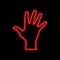 Open hand, palm neon sign. Bright glowing symbol on a black back