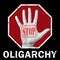 Open hand with the text stop oligarchy. Global social problem