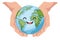 Open hands holding planet earth happy cartoon for earth day, national pollution prevention day, world environment day. Concept of