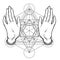 Open hands over sacred geometry, Metatrons Cube, Flower of life