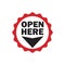 Open here red sign seal. Flat packaging symbol. Icon isolated on white background. Vector illustration