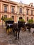 An open horse carriage waiting for a passenger on the paved square