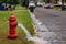 Open in industrial fire hydrant being strong water sprayed