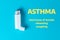 An open inhaler with medicine lies on a blue background. The text is about symptoms of asthma. Flat lay. Top view