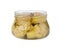 Open jar of delicious artichokes pickled in olive oil isolated on white