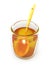 Open a jar of honey with wooden spoon on a white. 3d.