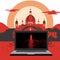 an open laptop on a red background with a church in the background