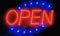 Open led neon color illuminated shop light sign red and blue