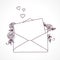 Open letter with roses and hearts. Postal holiday outline doodle graphic design