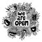 We are open lettering and doodle illustration of food.