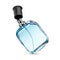 Open levitated perfume bottle with black cap filled with blue fragrance isolated on a white