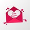 Open love letter, sweet pink envelope for valentine`s day greeting card and invitation illustration concept top view