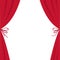 Open luxury red silk stage theatre curtain. Velvet scarlet curtains with bow. Flat design.