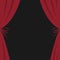 Open luxury red silk stage theatre curtain. Velvet scarlet curtains with bow. Flat design. Movie cinema premiere. Template. Black