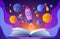 Open magic interesting book with fantasy outer space, education and reading concept