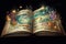 Open magical book with fantasy landscape over pages. Created with Generative AI