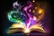 Open magical book with glowing lights over pages on abstract background. Fantasy reading. Created with Generative AI