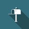 Open mail box icon isolated with long shadow. Mailbox icon. Mail postbox on pole with flag. Flat design. Vector