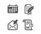 Open mail, Calendar and Feather signature icons. Report sign. View e-mail, Business audit, Feedback. Vector