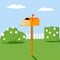 Open the mailbox with a letter set on green lawn grass shrubs and flowers. Vector, illustration EPS10.