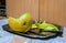 Open Melon fruit on a metal tray