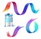 Open metal can of blue paint with rainbow paint strokes set