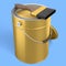 Open metal can or buckets with paint bristle brush on blue background.