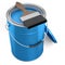 Open metal can or buckets with paint bristle brush on white background.
