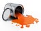 Open metal paint can with spilled orange paint.. 3D illustration