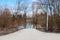 Open metal ramp leading to flooded forest road