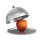 Open metallic cloche and apple on white background. Isolated 3d illustration