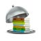 Open metallic cloche and stack hardcover text books on white background. Isolated 3D illustration