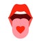 Open mouth with protruding tongue and shape heart, symbol love. Woman shows pink healthy tongue. Red lips, lick