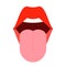 Open mouth with protruding tongue. Woman shows pink healthy tongue. Red lips, lick. Vector illustration