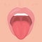 Open mouth with teeth and tongue. Funny expression mouth showing tongue. Medical poster, otorhinolaryngology