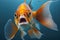 Open-Mouthed Goldfish in Photorealistic Blue Water Background for Aquarium Enthusiasts.