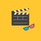 Open movie clapper board and 3D glasses template icon. Flat design style.