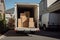 Open moving vehicle being loaded with cardboard boxes with household items for transportation. Carton boxes on pallets in a truck