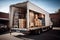 Open moving vehicle. Cardboard boxes with household items being loaded into truck for transportation. Carton boxes on pallet at