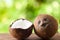 Open natural coconut with green background