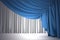 Open navy blue theater curtain with light and shadows