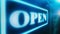 Open neon sign in cafe bar restaurant, led screen night open local pub scroller