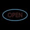 Open neon signborad. Illuminated signage. Glowing colorful door sign. Vector.