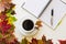Open notebook, pen and cup of coffee, framed with autumn leaves on white background. Flat lay. Top view. Empty copy