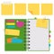 Open notepad with clean sheets on a spiral with bookmarks between the pages. Set of yellow stickers. Colorful flat vector