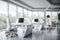 open office setting with futuristic furniture, advanced technology, and a sleek design