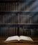 Open old book on a bookshelf background and the rays of light. Selective focus. Conceptual background on history, education,