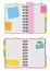 An open organizer with clean sheets on a spiral and with bookmarks between the pages. Colorful vector illustration isolated on
