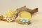 open oval wooden box of hand work, yellow and blue. Dry root of the tree, white knitted napkins, dry hydrangea